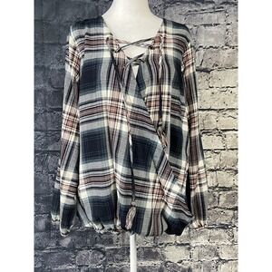 Knox Rose Blouse‎ Womens Large Navy Plaid Lace Up Tassel Peasant Top Boho